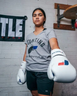 Fighting Women's Distressed V-Neck Tee 11 Fighting Women's Distressed V-Neck Tee -Boxing Promotions Shop FSWTS14GR 1